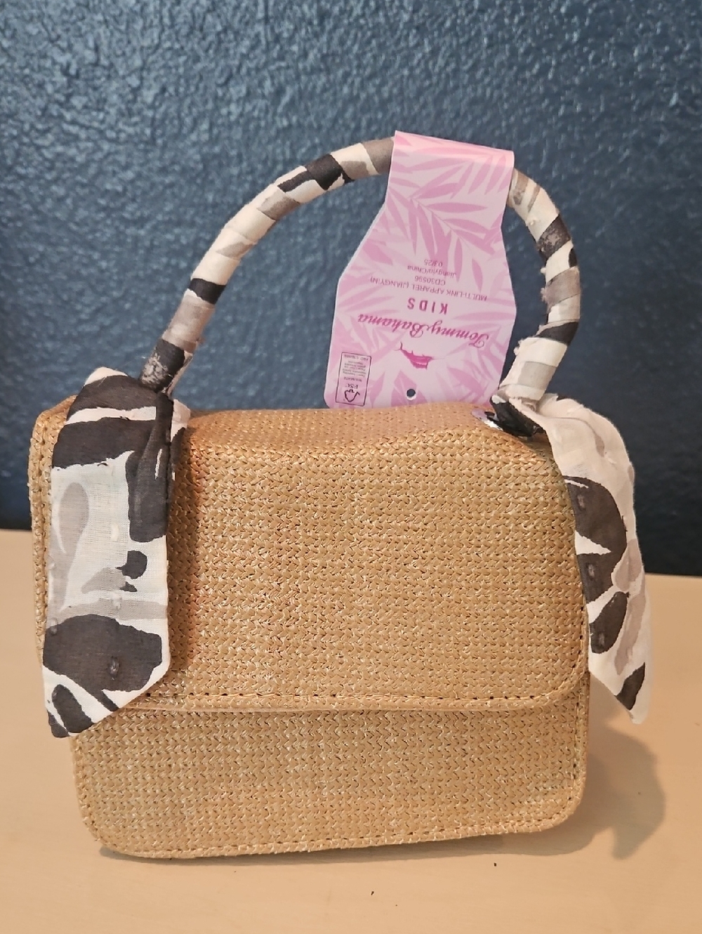 Tommy Bahama Natural Straw Kids Top-Handle Bag with Black & White Scarf